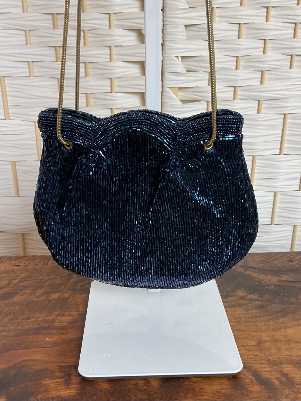 Navy Beaded Mini Shoulder Bag with Gold Chain Strap